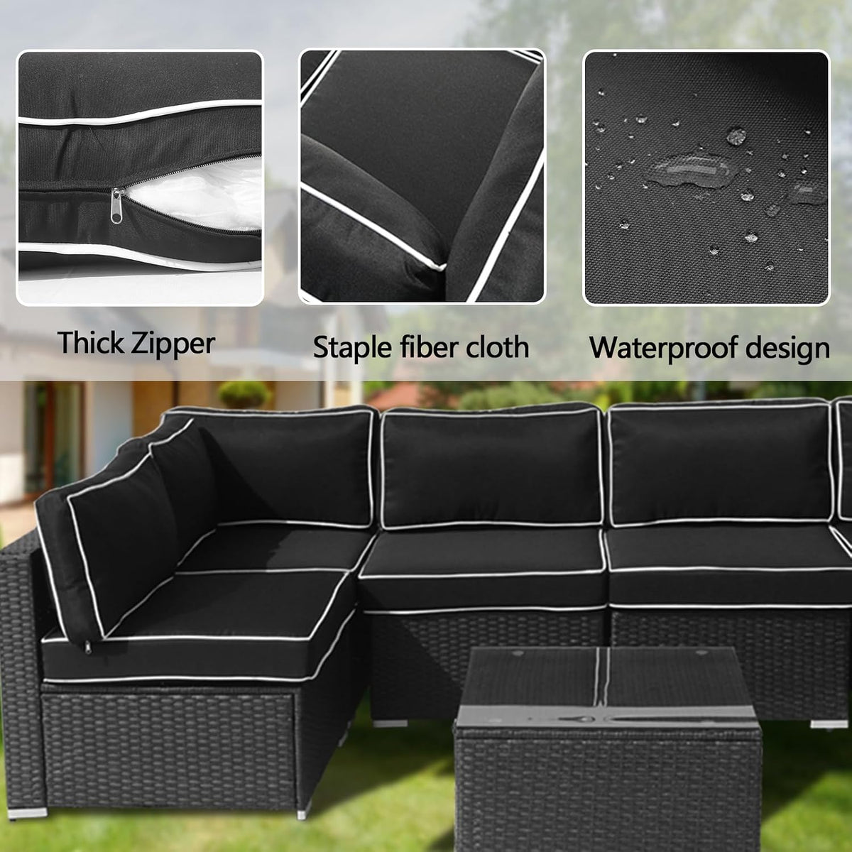 14Pieces Patio Cushion Covers Replacement,Outdoor Couch Cushions Covers Waterproof Furniture Cushion Covers Slipcovers Set with Zippers,Cover Only(Black+White, 25.6×25.6×3.94inches)