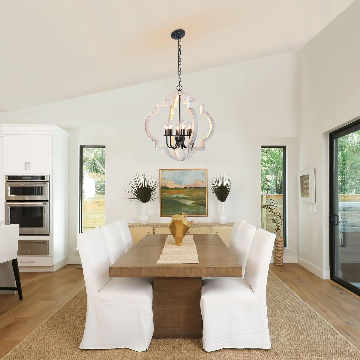 21.65'' farmhouse chandelier, 6 light rustic dining room, front angle view