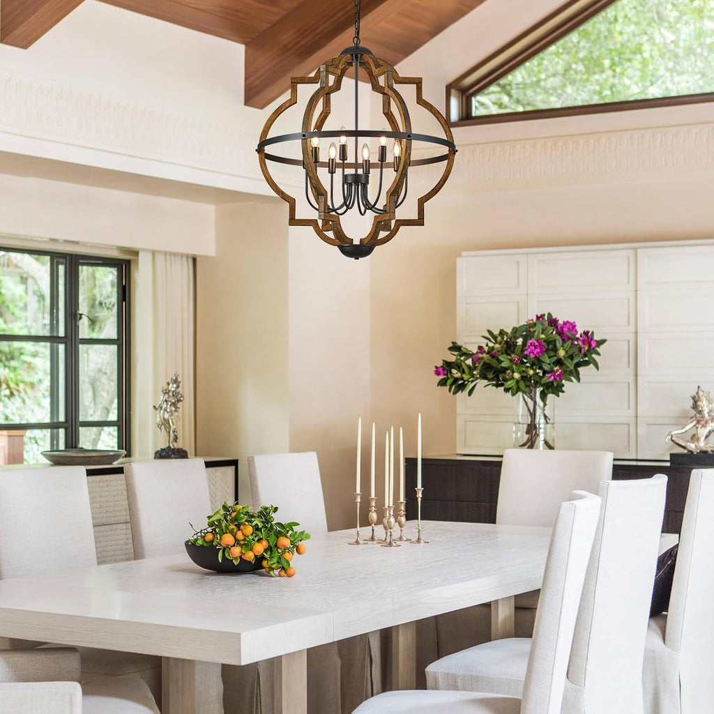 31.96" 8 Light Brown Oak Wood Drum Pendant Light for Dining Room