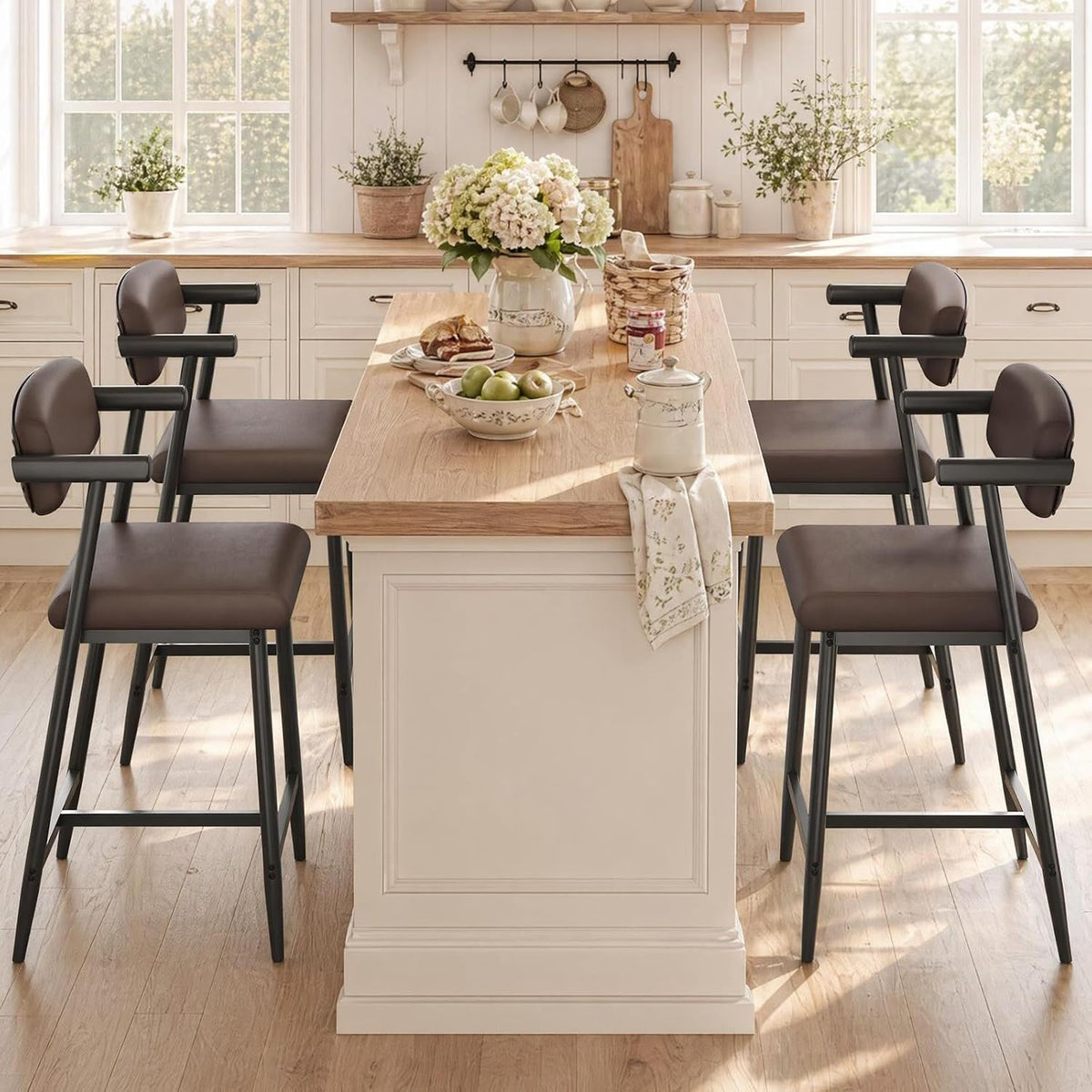 Garvee Bar Stools Set of 2 with Arms & Footrest, 2 Pcs Metal Modern Counter Height Barstools Set w/Wider Seat & Back, 26" Tall Bar Chairs for Kitchen Island, Counter Bar, Easy Assembly, Rustic Brown