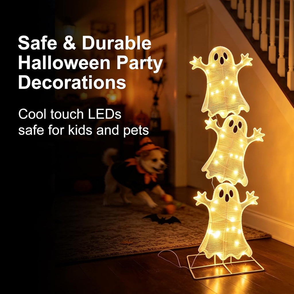 Halloween Decorations Lighted 3 Stacked Ghosts, Freestanding LED Ghost Yard Sign with Timer Battery Operated, Warm White Light Up Ghost Decor for Porch Lawn Garden Indoor Outdoor Holiday Display