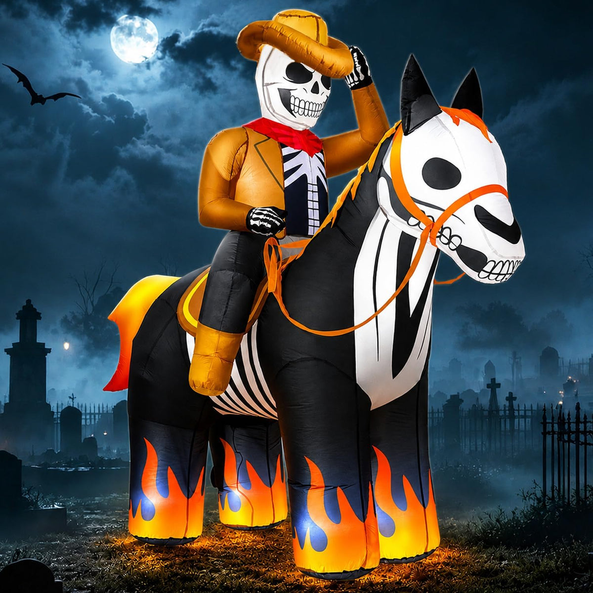 zukakii 7FT Halloween Inflatables Decorations Outdoor Skeleton Cowboy Riding Inflatable Horse Built-in Bright LEDs Flame-Hoofed Western Halloween Blow Up Yard Decoration Blowup for Lawn Party