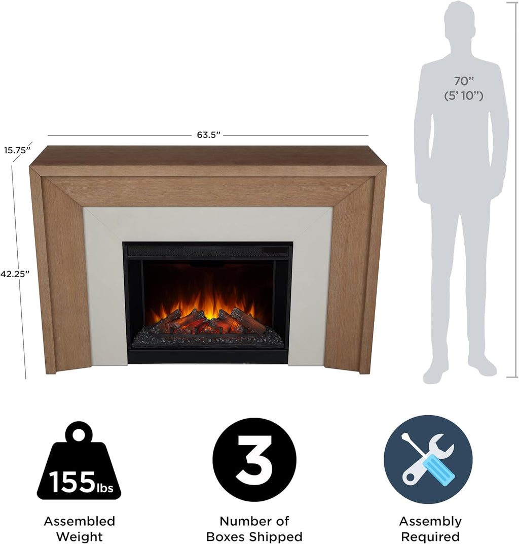 Real Flame Brooks 64” Grand Electric Fireplace with Mantel for Living Room or Bedroom, Replaceable Fireplace Insert Heater, Realistic Log and Flame Effect, Remote Control, Timer (Classic White Oak).