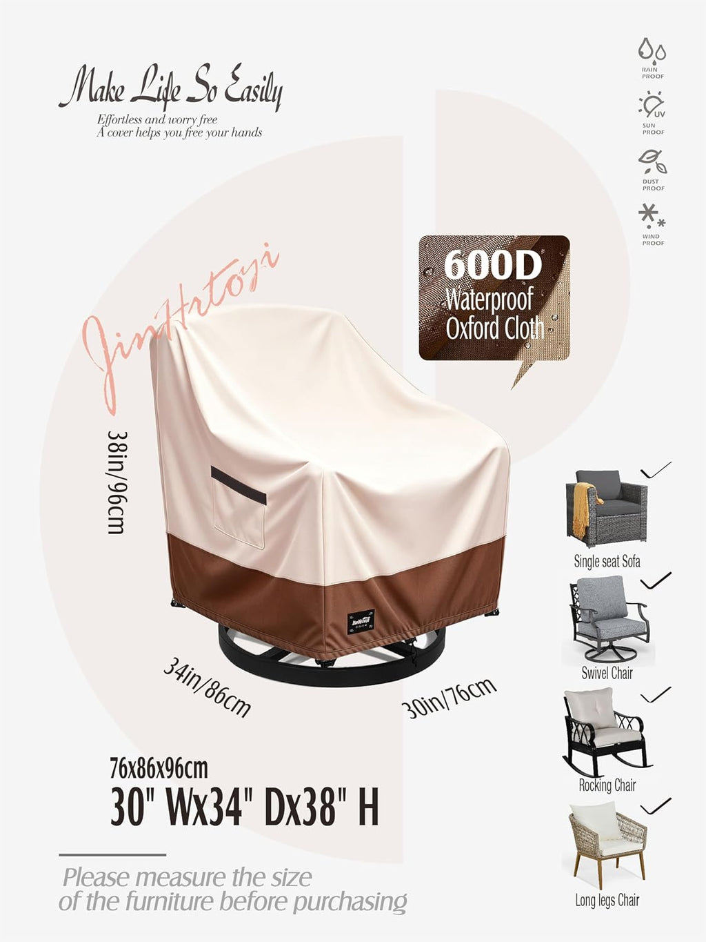 JinHrtoyi Outdoor Chair Covers 4 Pack, 30W x 34D x 38H Inches, 100% Waterproof Heavy Duty Patio Furniture Covers, Beige and Brown Modern Style Patio Chair Cover
