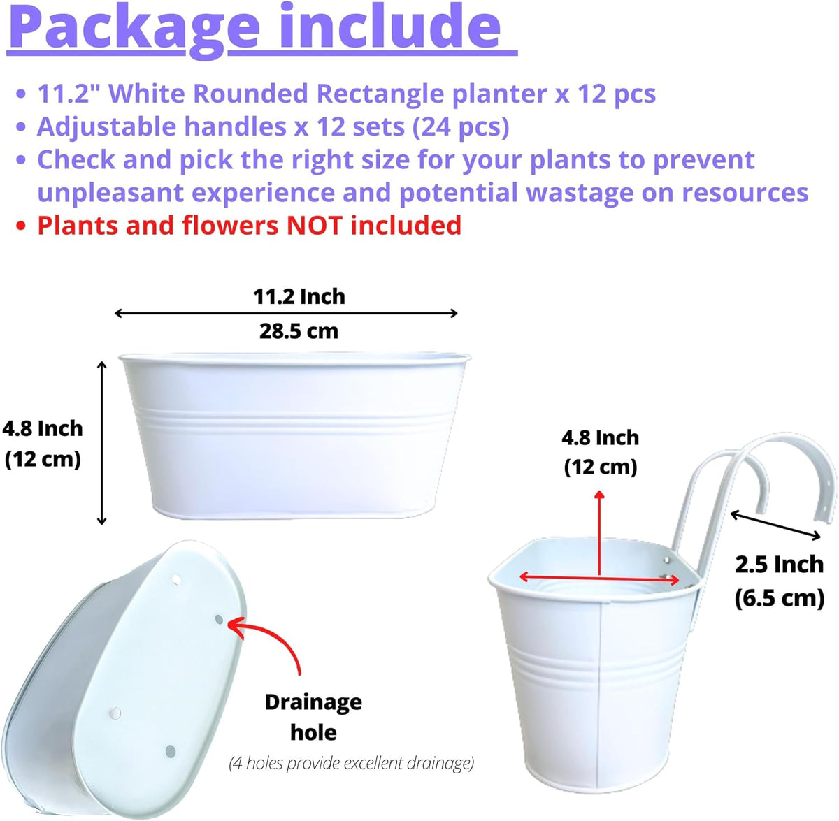 LaLaGreen Outdoor Rail Planter (11.2 in, 12 Pack) White Metal Hanging Pots