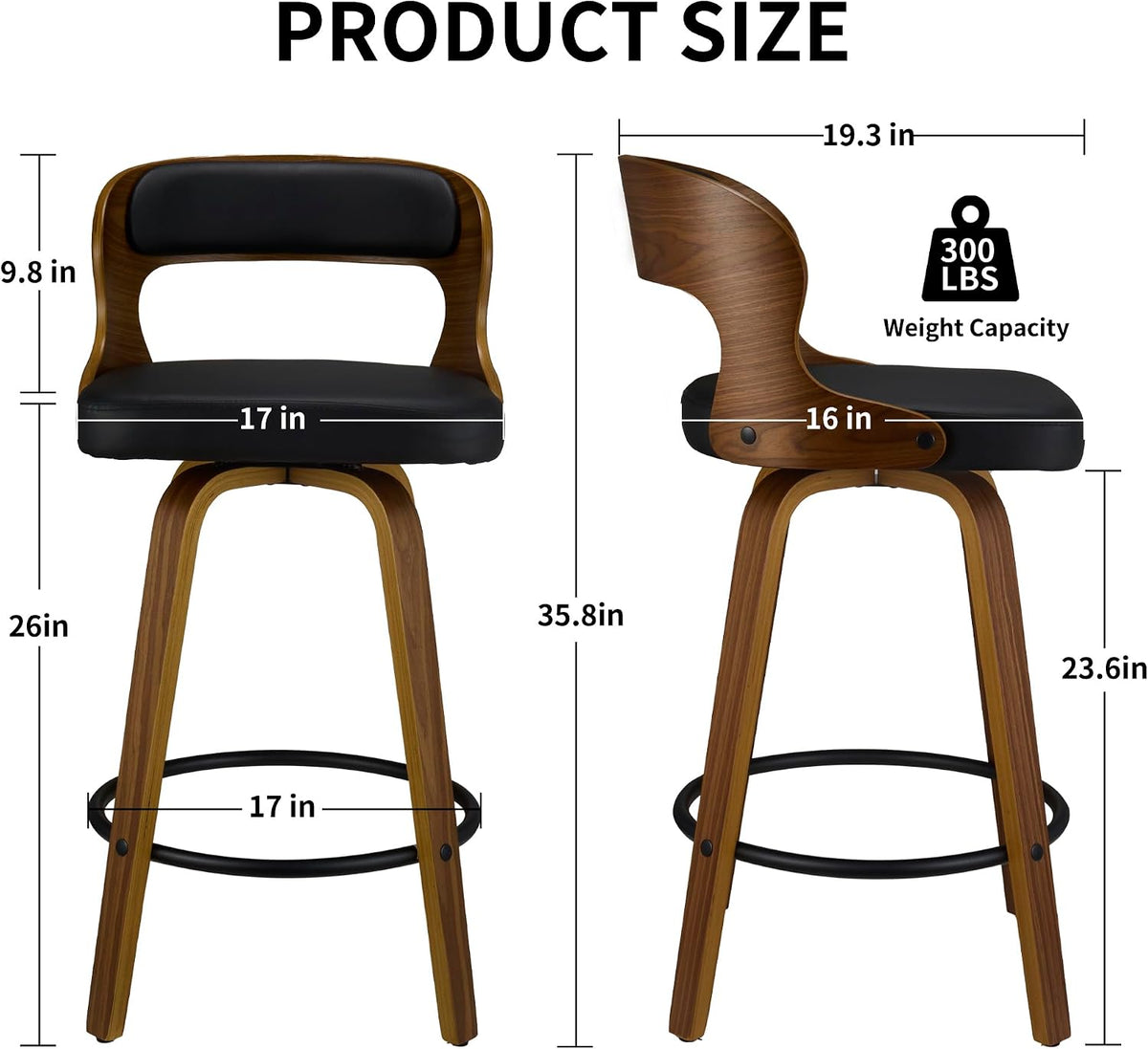 VipDesk 26 Inch Swivel Bar Stools, Faux Leather Mid Century Counter Height Bar Chair with Back and Arms, Modern Barstools for Home Bar, Dining Room, Kitchen Island, Black (Set of 2)