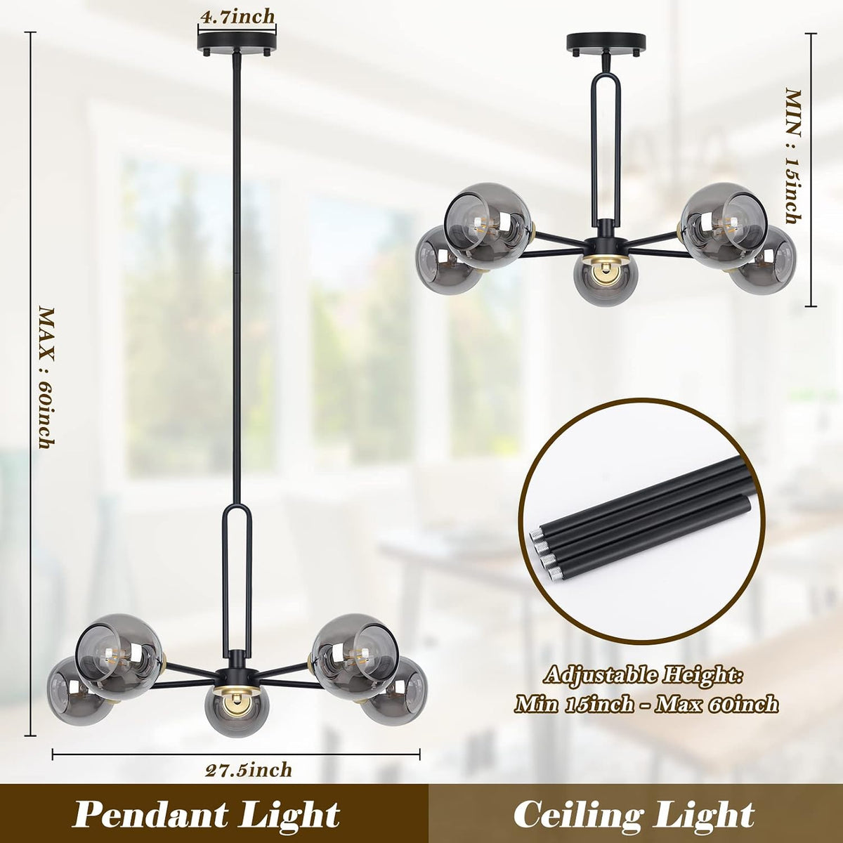 5-Light Black Sputnik Smoked Glass Ceiling Light Globe Chandelier