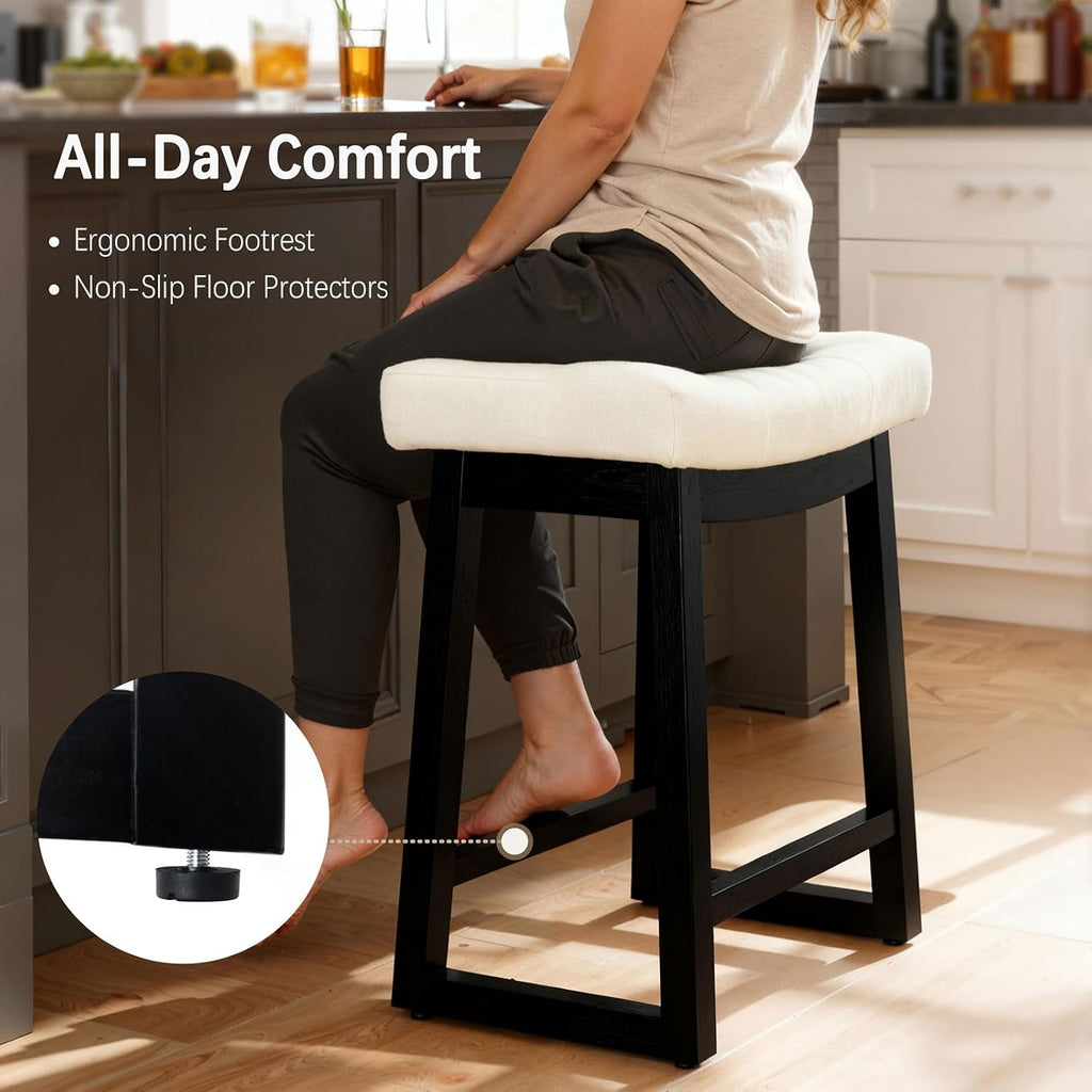 Counter Height Bar Stools Set of 3, 24 Inch Backless Upholstered Counter Stools with Solid Rubberwood Legs, Modern Farmhouse Saddle Stools for Kitchen Island, Home Bar, White Linen Fabric
