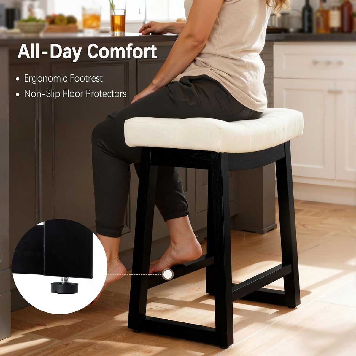 Counter Height Bar Stools Set of 3, 24 Inch Backless Upholstered Counter Stools with Solid Rubberwood Legs, Modern Farmhouse Saddle Stools for Kitchen Island, Home Bar, White Linen Fabric