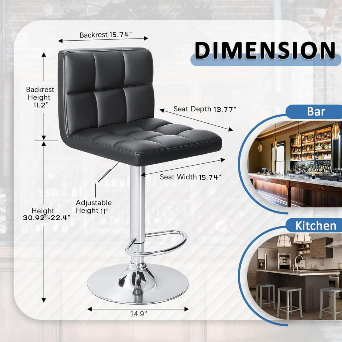 Homall Bar Stools Modern PU Leather Adjustable Swivel Barstools, Armless Hydraulic Kitchen Counter Bar Stool Extra Height Square Island Barstool with Back Set of 2 (Leather, Black)