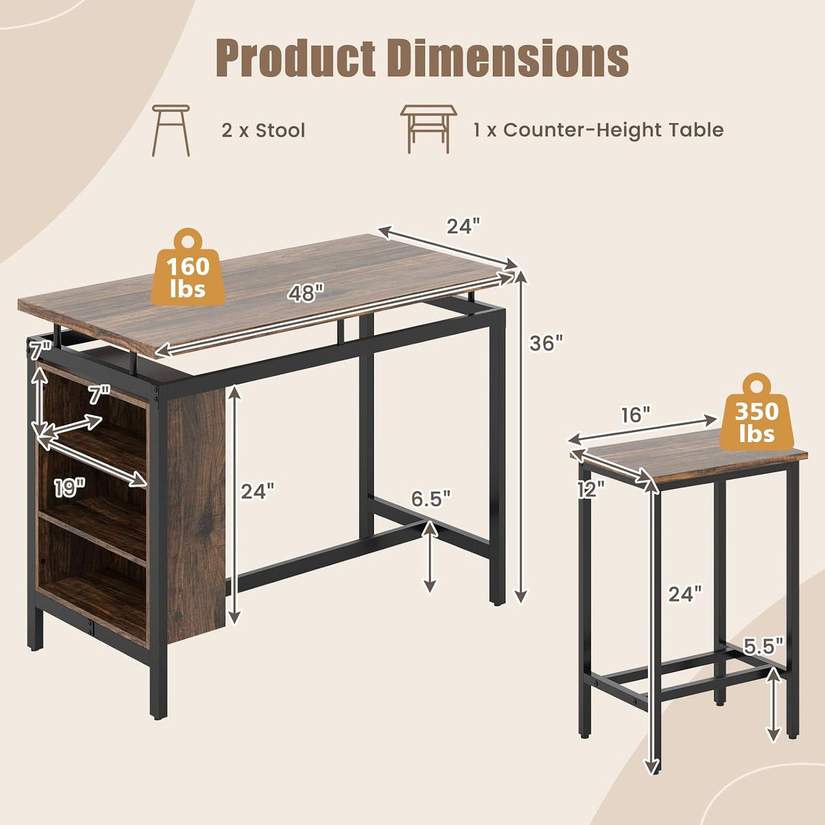 GIANTEX 3-Piece Dining Table Set - Counter Height Dining Table Set with 2 Bar Stools, 3-Tier Storage Shelf, Space-Saving Breakfast Nook Table Set for Small Places, Kitchen Table Chairs Set for 2