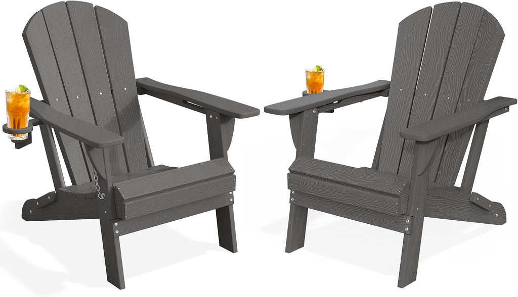 PLUUV Adirondack Chair Set of 2, Fire Pit Chairs with Cup Holder, Grey