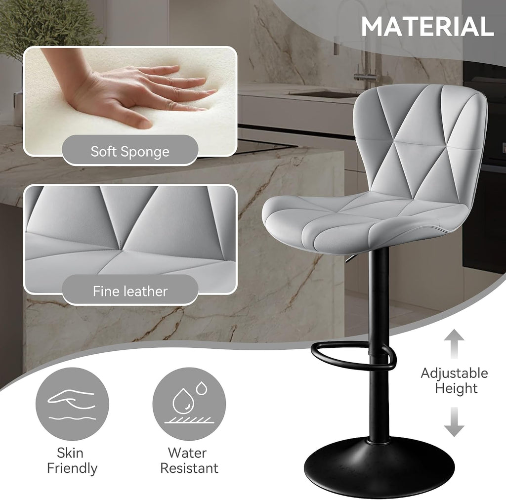 Bar Stools Set of 2,Faux Leather Bar Chairs,Upholstered Counter Height with High Backrest for Kitchen Island, Light Grey