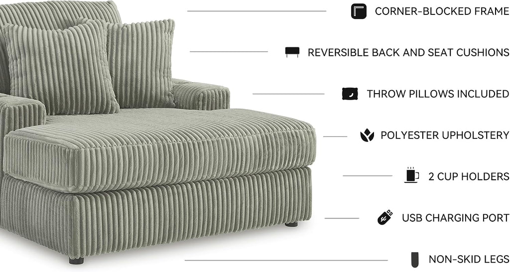Signature Design by Ashley Lindyn Casual Chaise Lounge Chair Indoor, Oversized No Assembly with Reversible Cushions, USB Port & Cup Holders, Gray, 51" W x 64" D