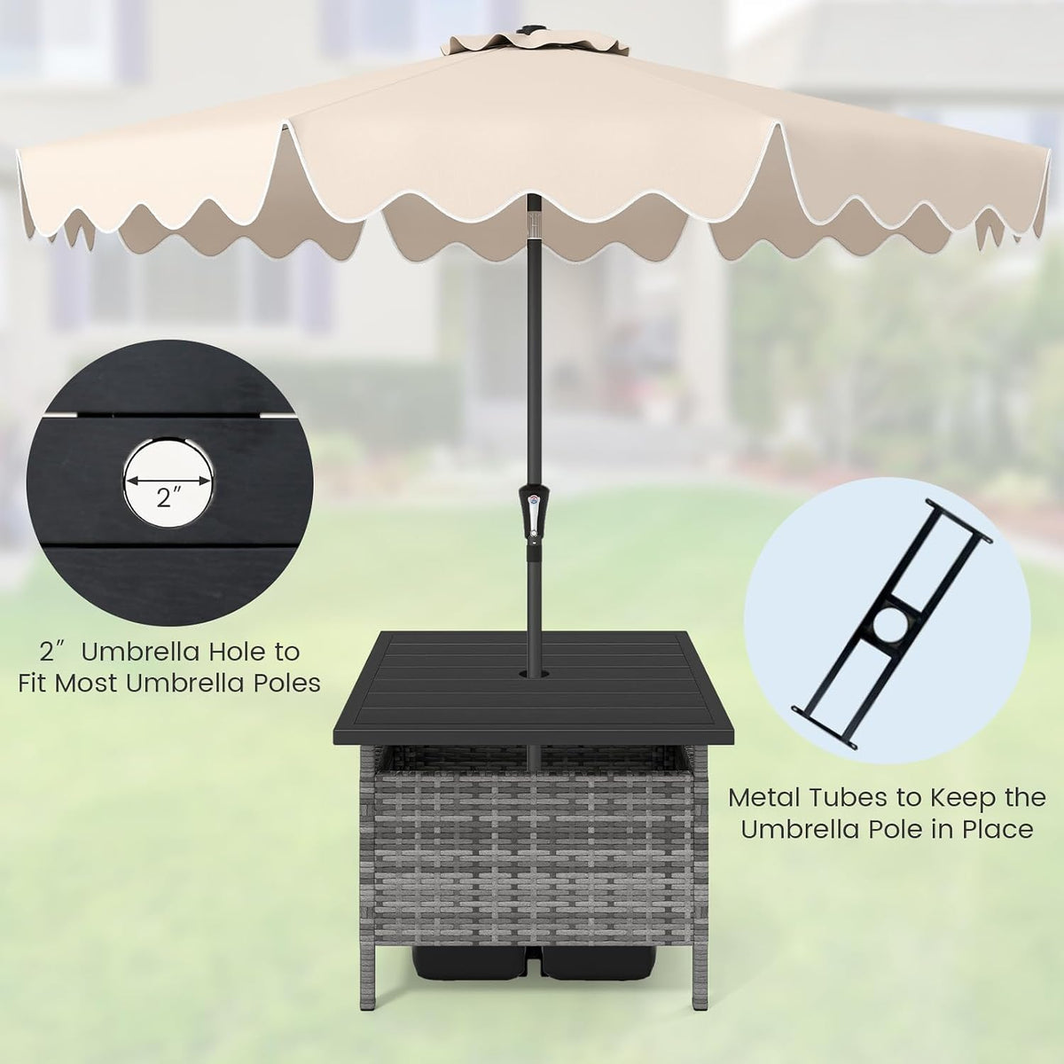 HAPPYGRILL Patio Umbrella Table Stand, Rattan Outdoor Side Table with Umbrella Hole, PE Wicker Frame, for Patio Garden Deck Poolside