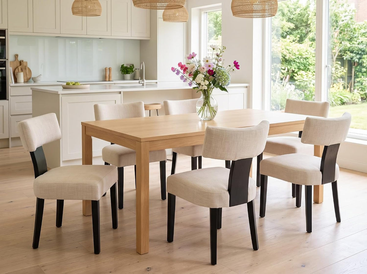 RIVOVA Mid Century Modern Dining Chairs Set of 6 Farmhouse Linen Fabric Upholstered Dining Room Chairs Kitchen Chairs with Curved Backrest Black Wood Legs, Beige