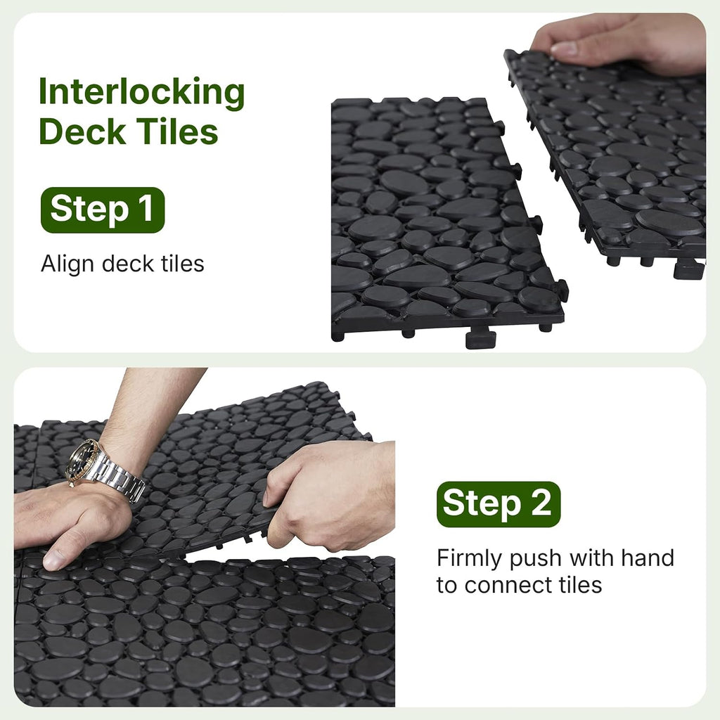 Rovibek 60PCS Plastic Interlocking Deck Tiles, 12"x12" Pebble Decking Tiles