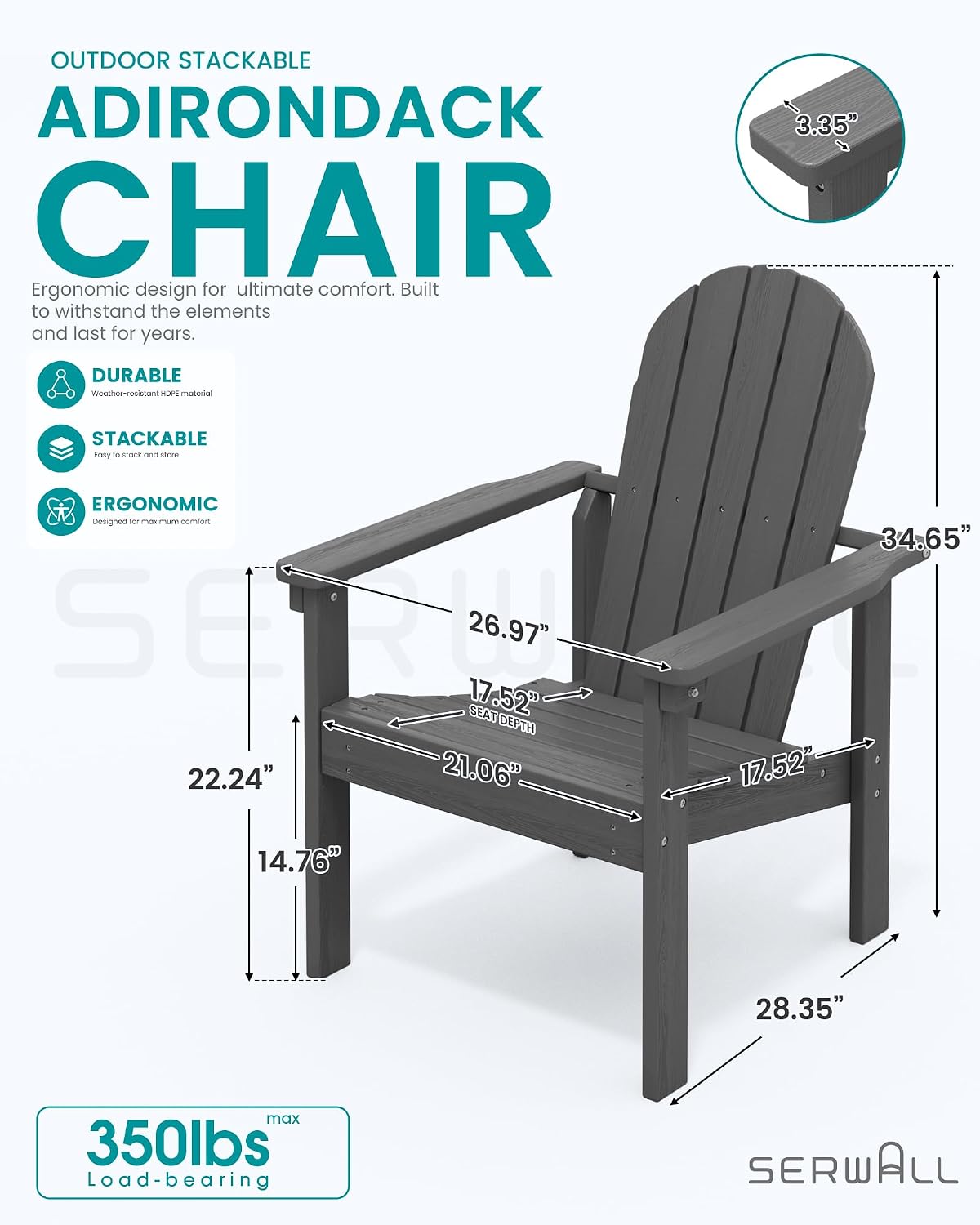 SERWALL HDPE Stackable Adirondack Chair,Space-Saving, Grey