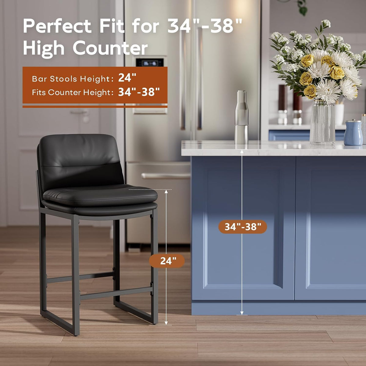 24" Black Counter Height Bar Stools Set of 4, Double-Layer Seat