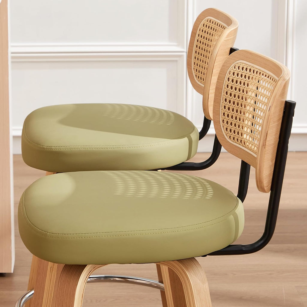 Rattan Bar Stools Set of 2,Upholstered PU Leather, 26‘’ Counter Height Barstools with Back and Wood Legs,360°Swivel,Mid-Century Modern Bar Stool for Kitchen Island Dining Room and Bar(Grass Green)