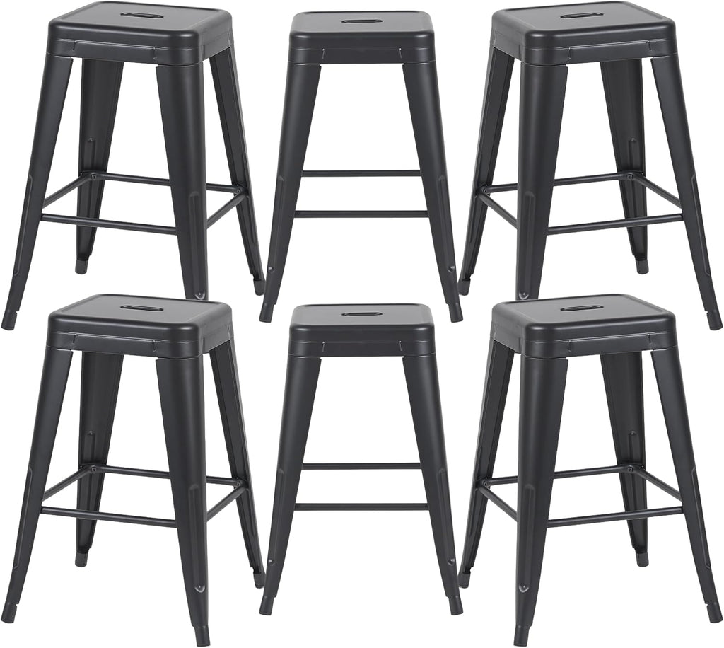 24 Inch Matte Black Metal Counter Stools, Set of 6, Backless