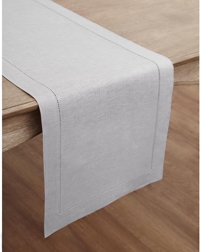 Solino Home Linen Soft Grey Table Runner 36 Inches - Classic Hemstitch, 100% Pure Linen Coffee Table Runner 14 x 36 Inch Ideal for Dresser Tables - Fall, Autumn, Halloween, Thanksgiving, Christmas