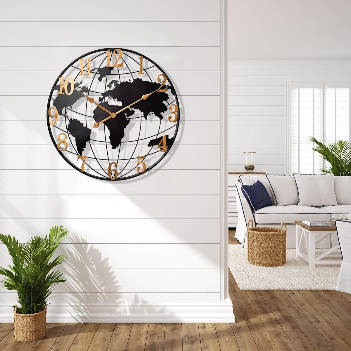 Large World Map Wall Clock Metal Minimalist Modern Round Silent Wall Decor