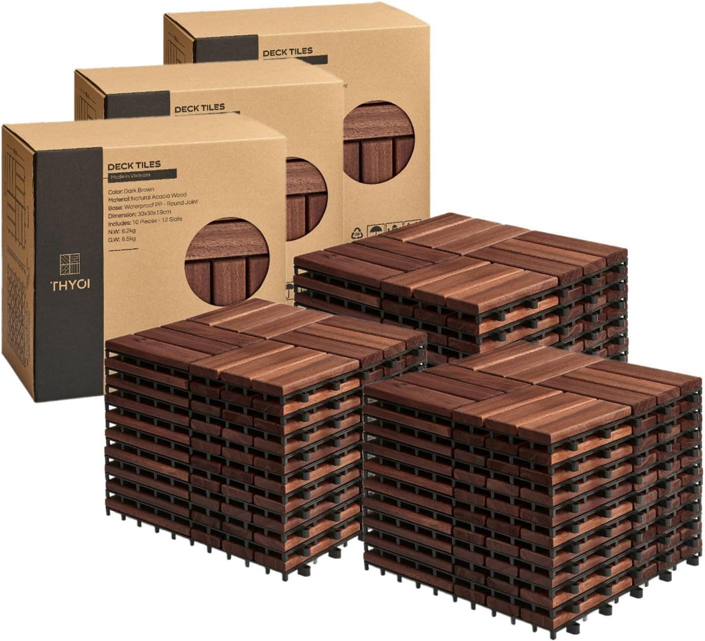 THYOI Acacia Wood Interlocking Deck Tiles (12" x 12"), Deck Flooring Outdoor Waterproof All Weather, Tiles for Patio, decking Tiles for Indoor and Outdoor use (Dark Brown 12S, 30 Pcs - 30 Square ft)