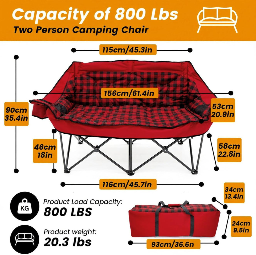 Heated Double Camping Chair with 2 Battery, Padded Camping Couch with 3 Heat Levels and 4 Heating Zones, Oversized Camp Loveseat Support 800lbs for Soccer Games, Tailgating, RV Travel, Beach Days