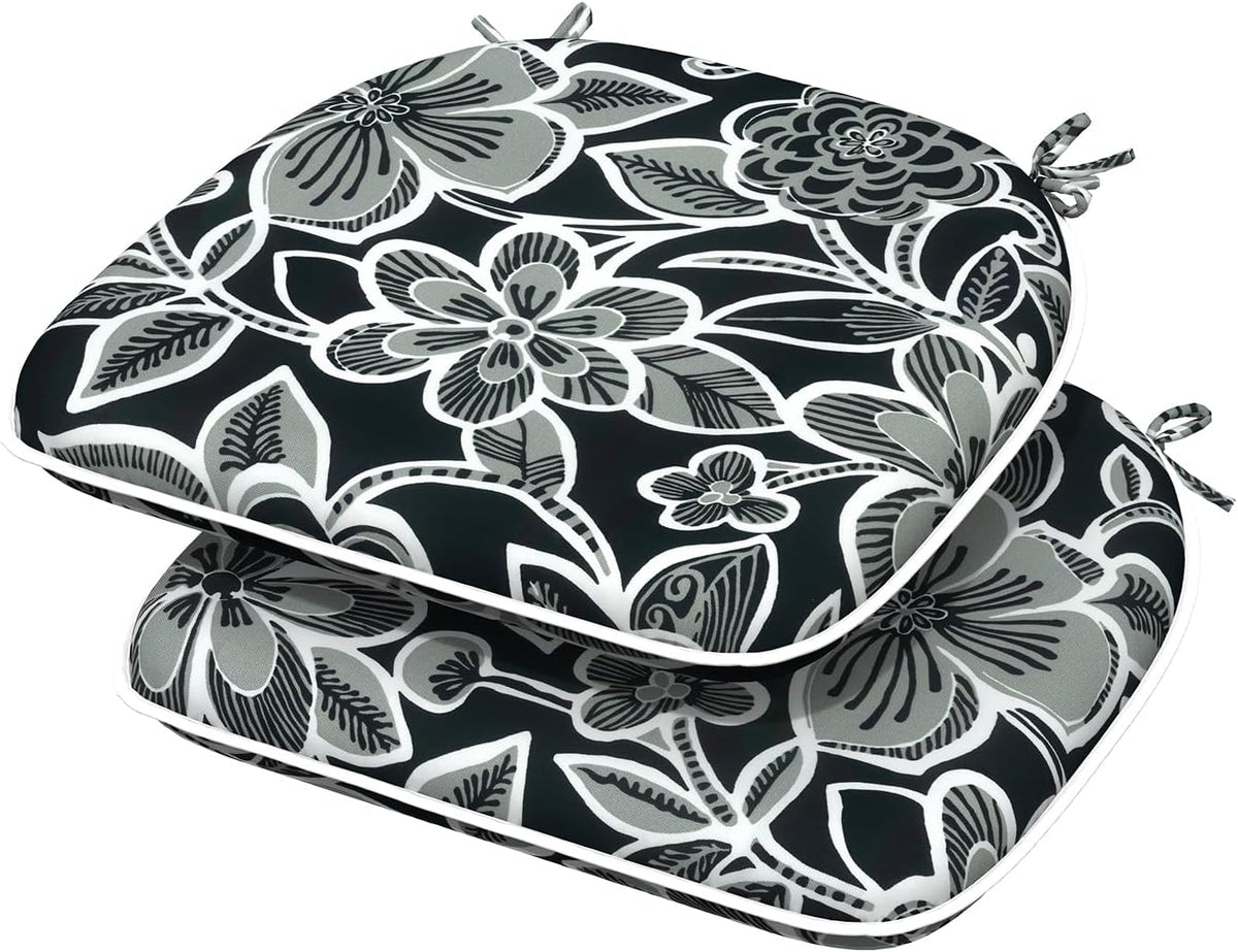 Indoor/Outdoor Chair Cushions 16x17 Inch, Patio Chair Cushions with Ties, All Weather Seat Cushions for Patio Furniture Home Garden Chair Use, Set of 2,Flower Black