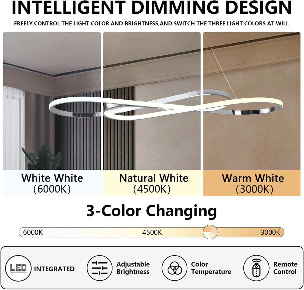 59.06in Led Chandelier Large Modern Led Pendant Light Fixture Dimmable with Remote Controller Electroplated Chrome