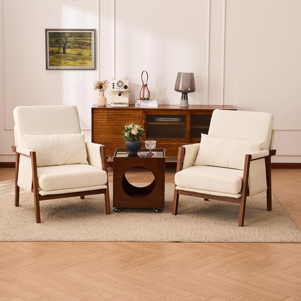 Accent Chair Mid-Century Modern Chair with Lumbar Support Pillow, Upholstered Living Room Chairs with Wooden, Chenille Armchair with Cushion, Comfy Side Chair for Bedroom, Balcony, Beige
