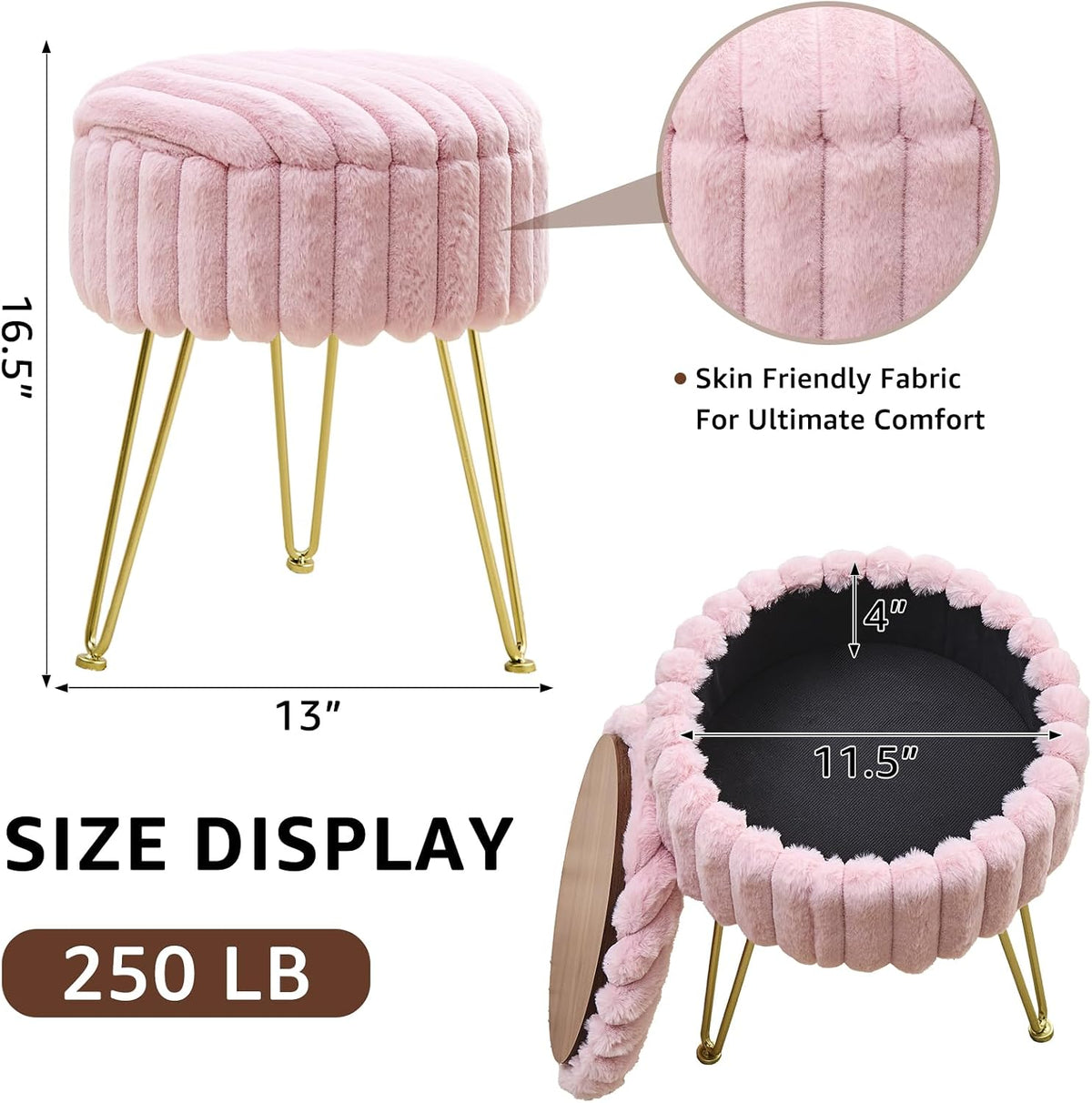 Wimarsbon Vanity Stool with Storage, Faux Fur Ottoman Chair with Metal Legs, Round Makeup Vanity Chair for Bedroom or Dressing Table, Modern Small Ottoman Seat (Pink)