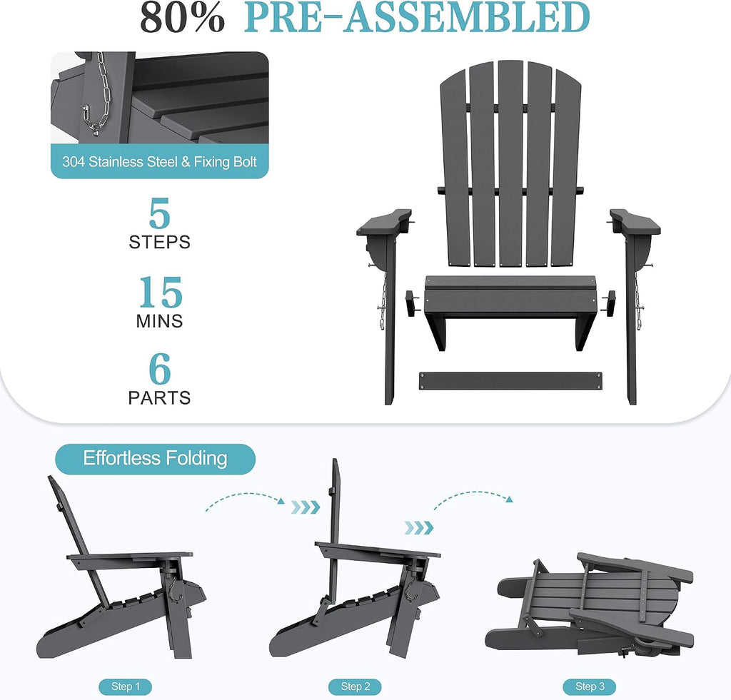 Shintenchi Folding Adirondack Chair,HDPE All-Weather Patio Chair with Cup Holder & Phone Holder,Wooden Textured Fire Pit Chair for Patio,Outside,Deck,Backyard,Dark Grey