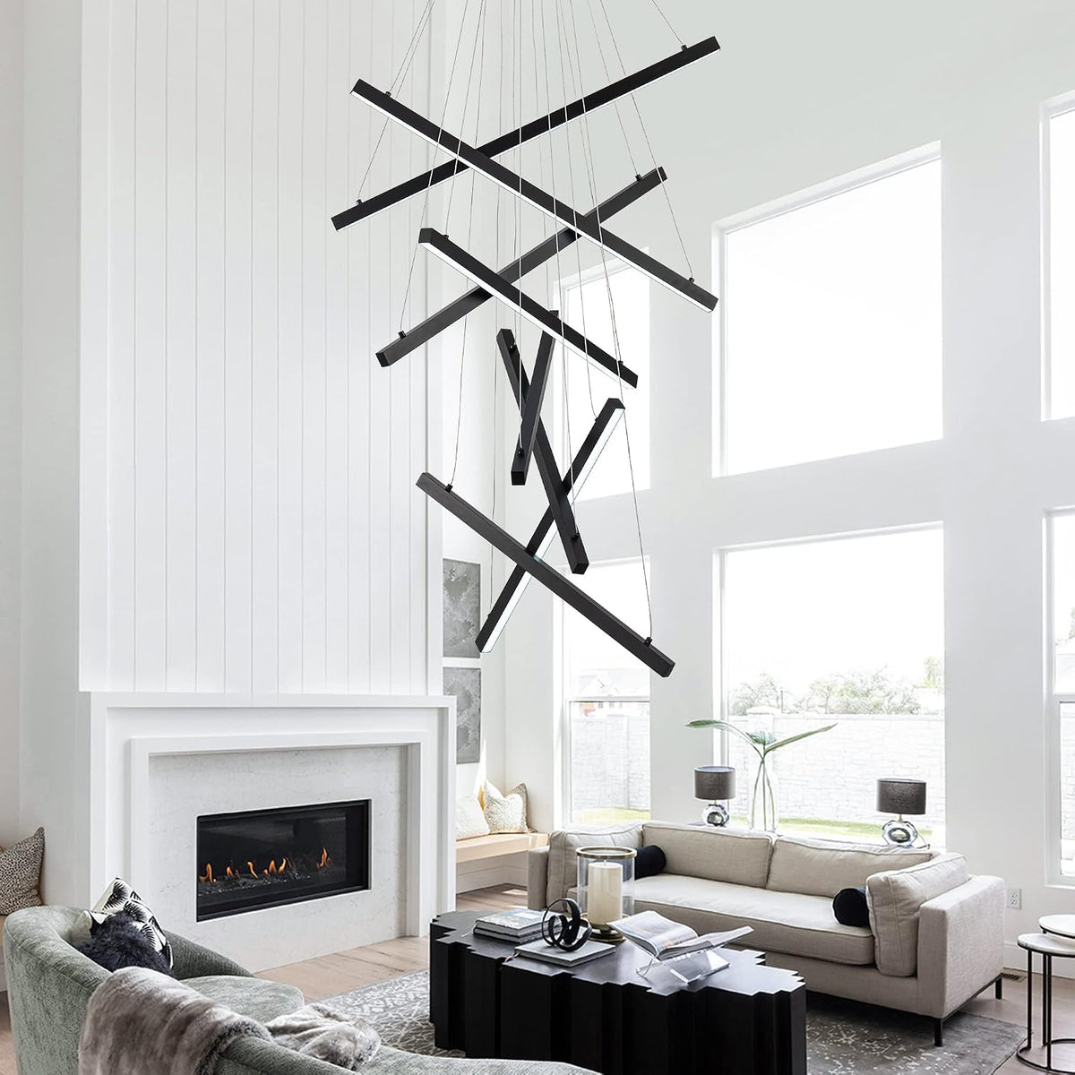 Modern Black LED 8-Light Linear Chandelier, 98.4", for High Ceilings
