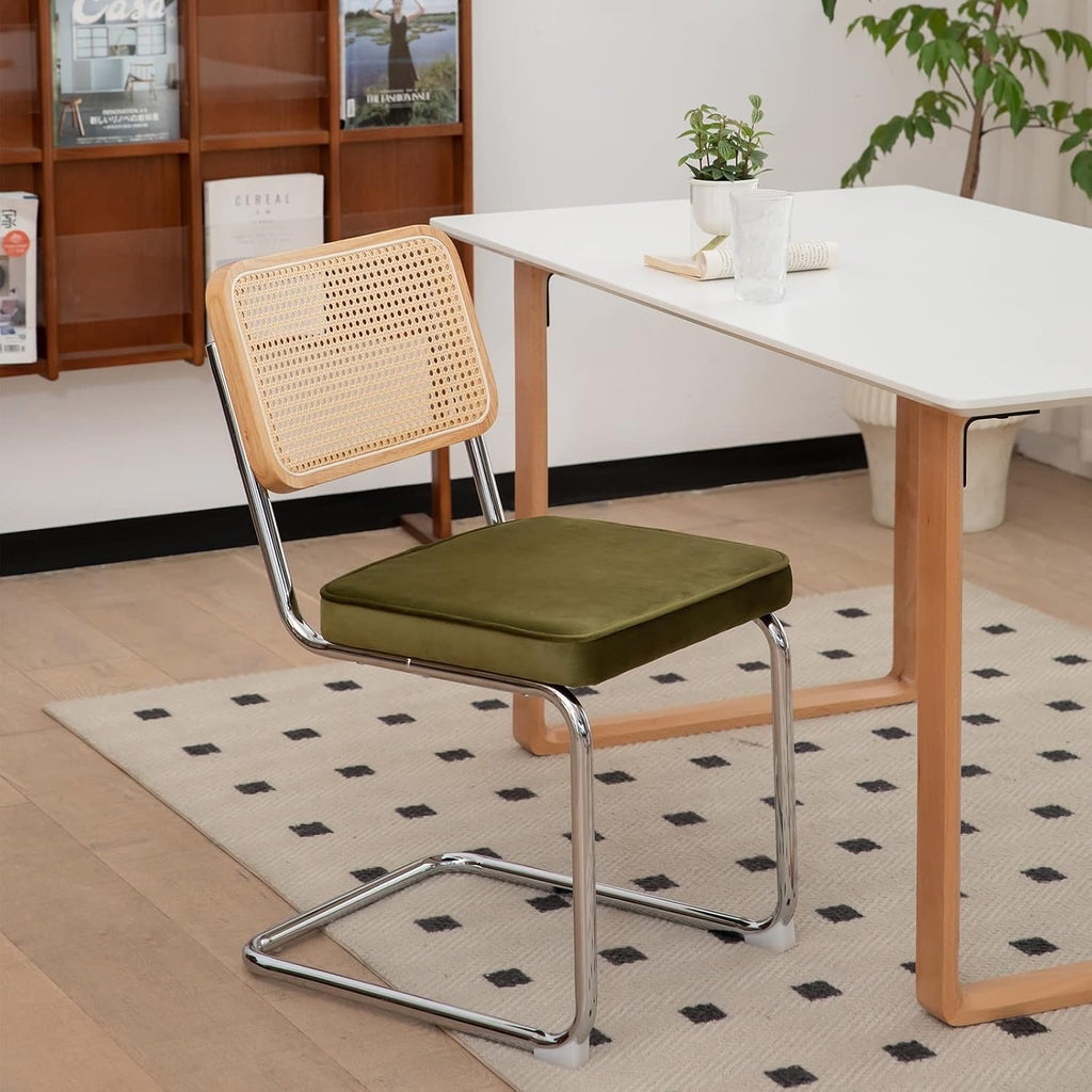 MFFM Rattan Dining Chairs Set of 2, Green Velvet Dining Room Chair with Solid Back and Chrome Legs, Modern Mid Century Designed Chairs for Dining,Living Room,Kitchen Chairs (Olive Green-2pcs)
