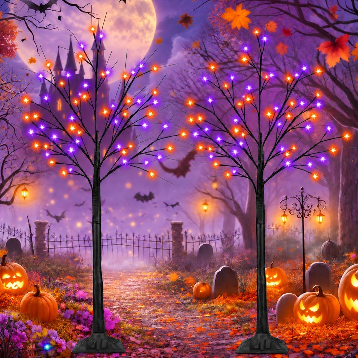 2 Pack 5FT Black Halloween Tree with 200 LED Orange and Purple Lights