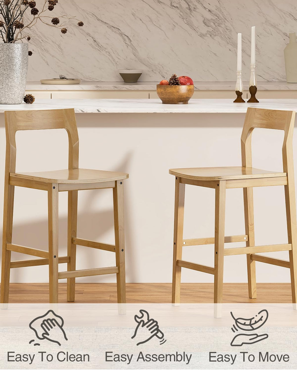 Wood Barstools Set of 4, Counter Height Bar Stools Armless Farmhouse Wooden Bar Dining Chairs with Back & Footrest for Kitchen Island Cafe Pub, Natural Oak