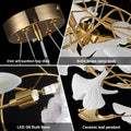 59 Inch White Rectangle Chandelier Gold Ceramic Ginkgo Leaf Chandeliers Brass Large Chandelier Modern Hanging Lights Fixture for Living Room Dining Room Kitchen Island,10-Light