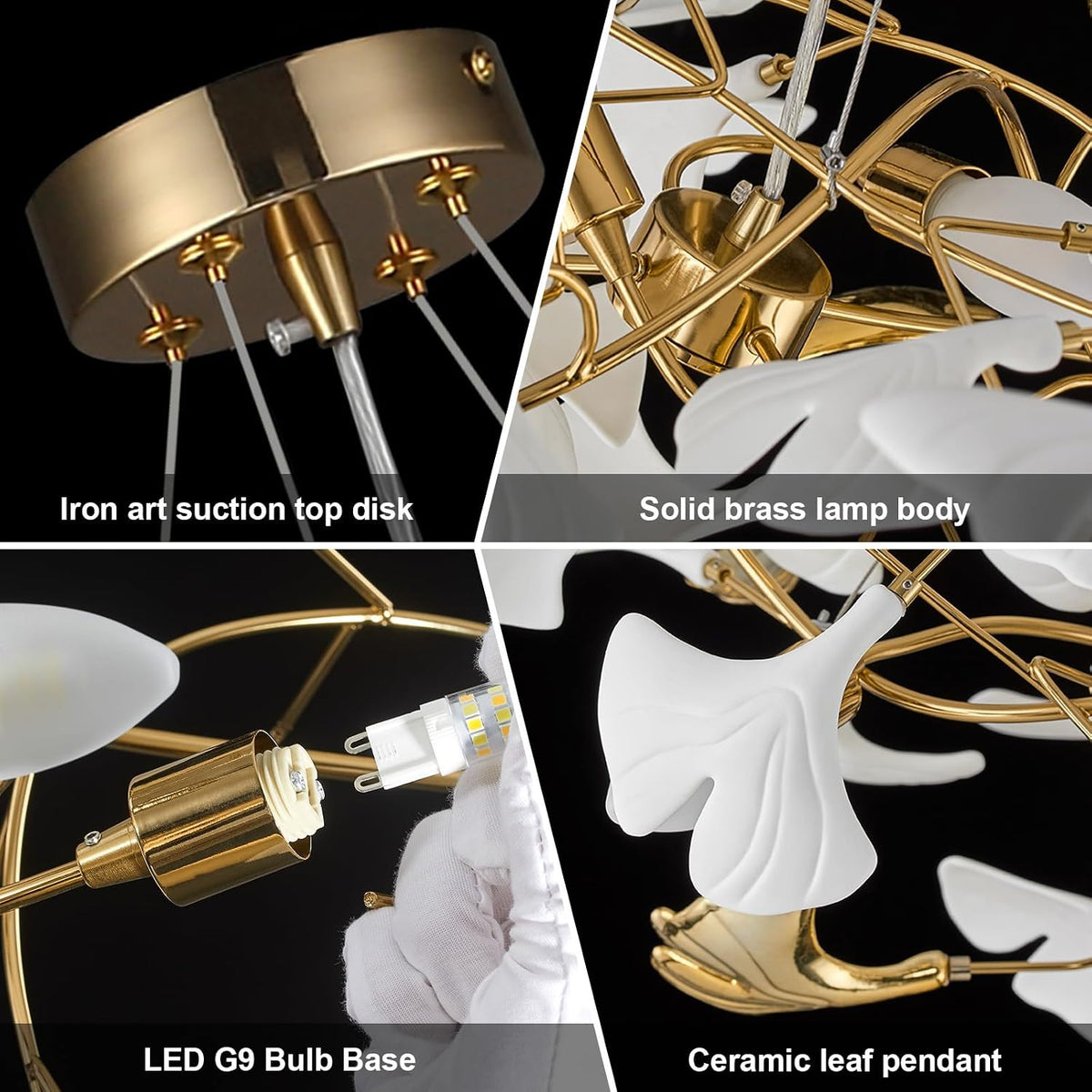 59 Inch White Rectangle Chandelier Gold Ceramic Ginkgo Leaf Chandeliers Brass Large Chandelier Modern Hanging Lights Fixture for Living Room Dining Room Kitchen Island,10-Light