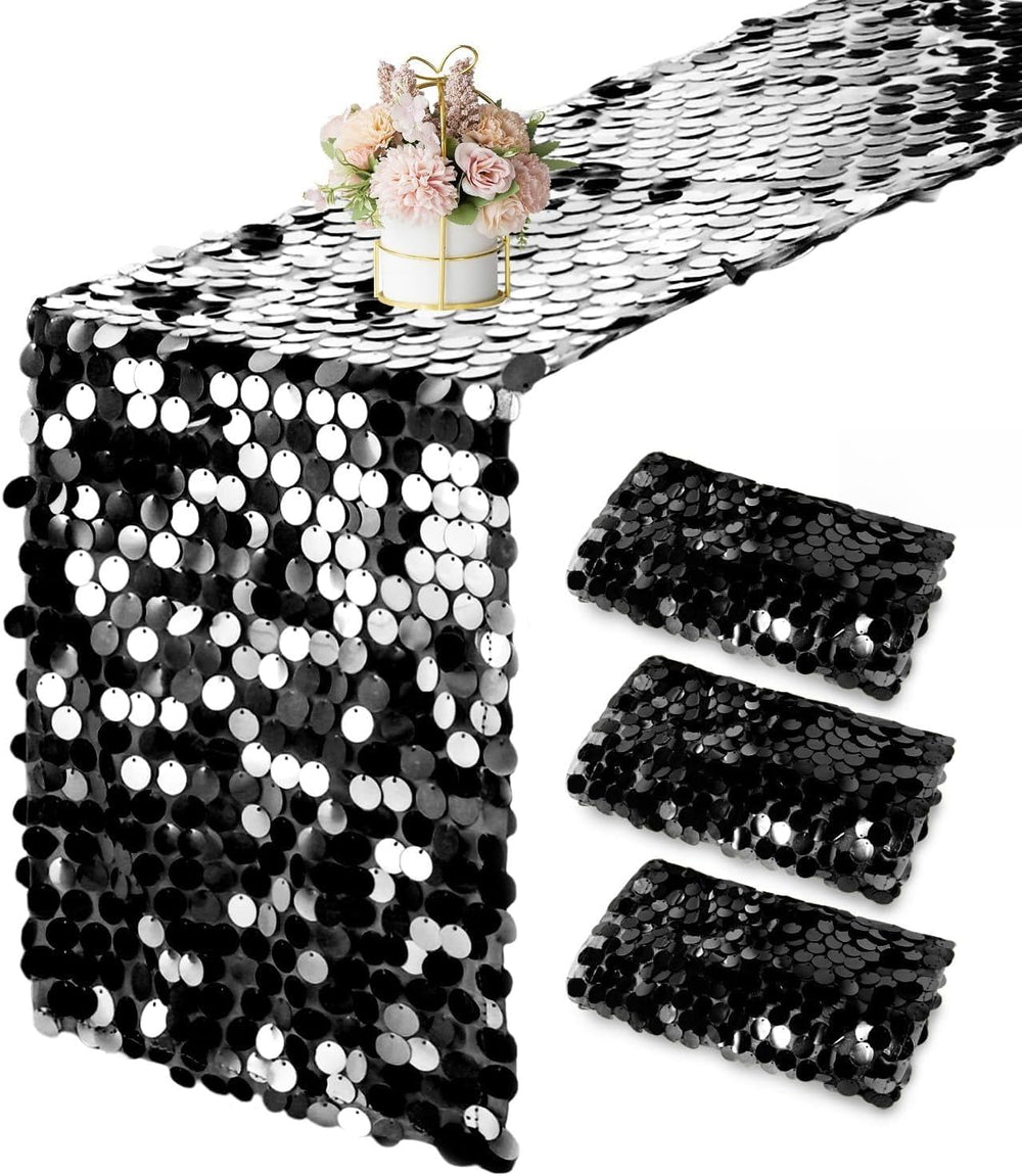 3 Packs Black Sequin Table Runner 12 x 108 Inch Glitter Rectangle Big Sequin ...
