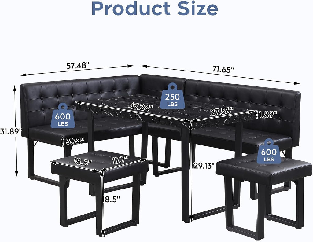 XIAO WEI Corner Dining Table Set for Small Spaces, 72 Inch Breakfast Nook with Storage Banquette, 5 Piece Dining Set with Upholstered Bench, Modern Black