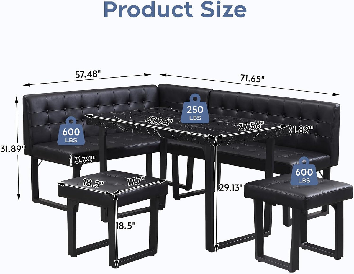 XIAO WEI Corner Dining Table Set for Small Spaces, 72 Inch Breakfast Nook with Storage Banquette, 5 Piece Dining Set with Upholstered Bench, Modern Black