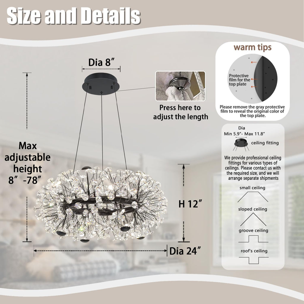 ykolupty 8-Light Dandelion Black Chandelier for Dining Room, Sputnik Pendant Light Fixture with Remote Control, 24 inches Modern Crystal Chandelier Living Room, Kitchen, Restaurant