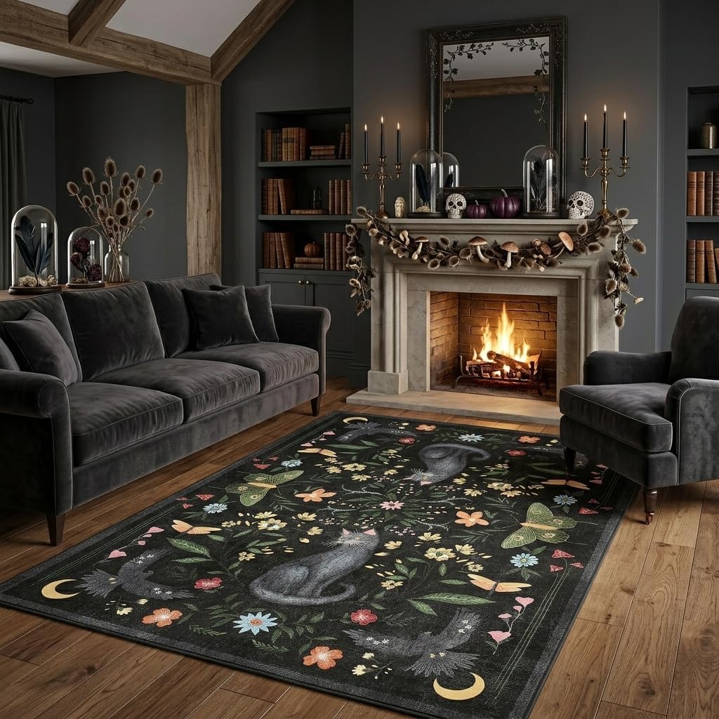 GarveeHome 5x7 Cat Area Rug Black Washable Rugs for Living Room Bedroom, Soft Mushroom Floral Low Pile Non Slip Floor Mat Animal Print Throw Rug Indoor Carpet for Dorm Playroom Gothic Decor