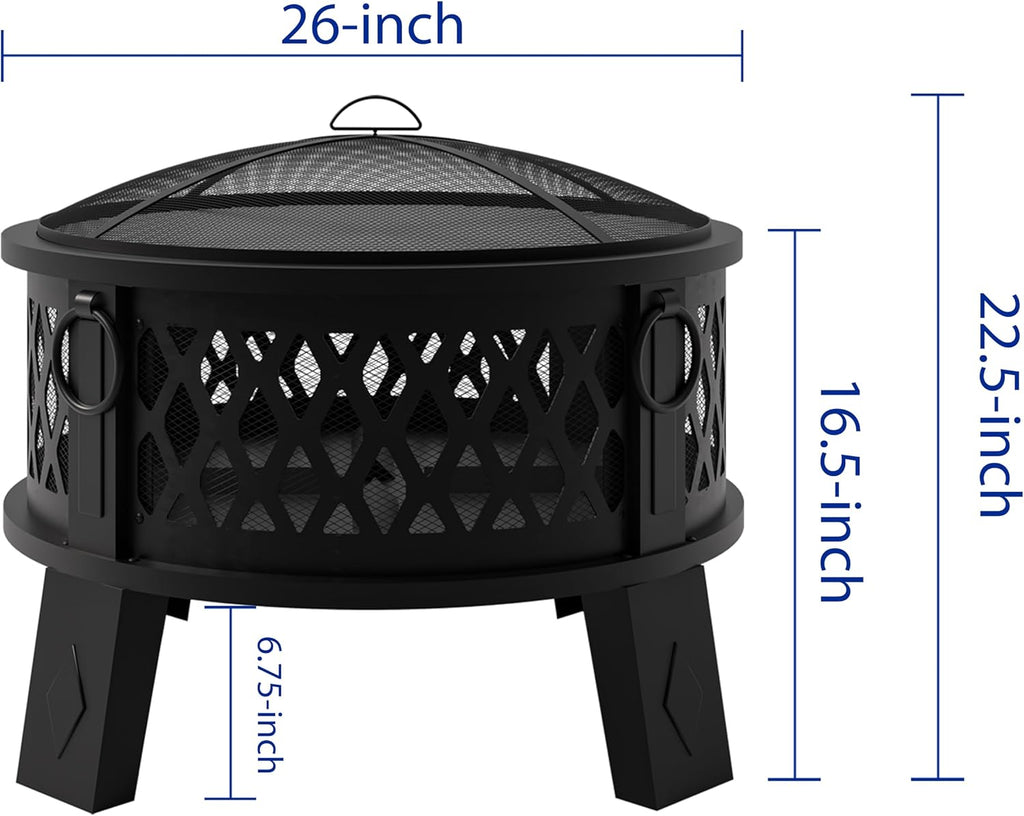 Fire Beauty 26in 2‑in‑1 Carbon Steel Fire Pit for Camping Backyard Patio