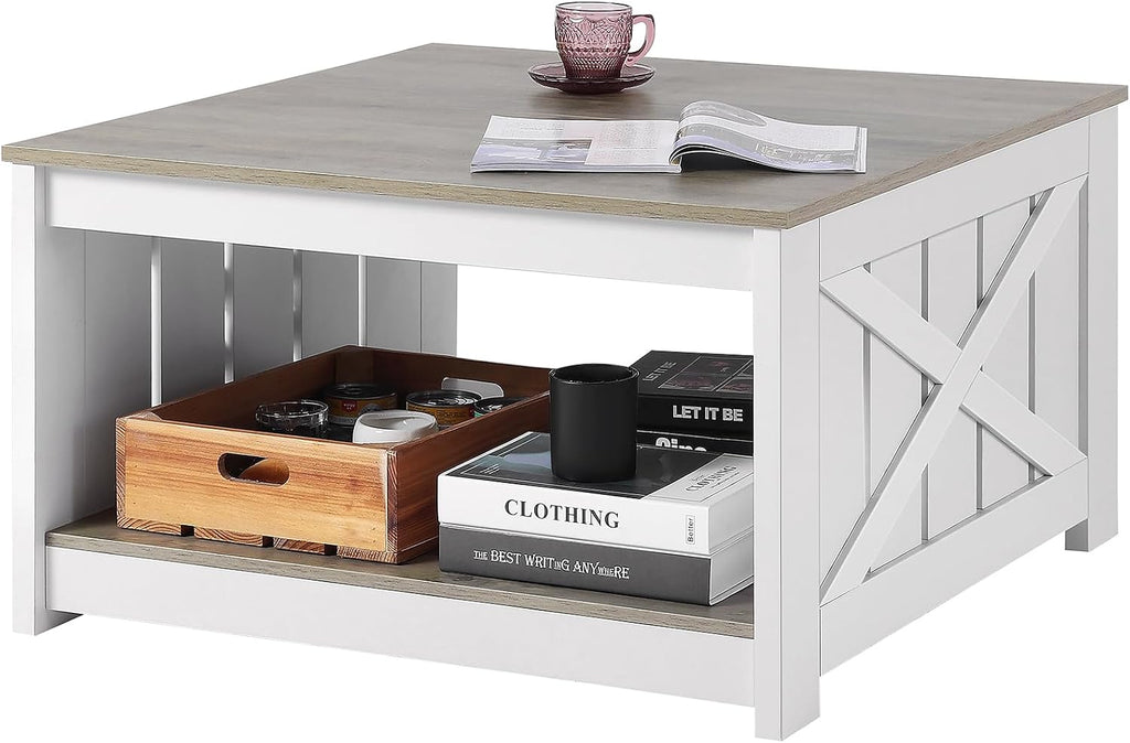 VEVOR 31.5" Farmhouse Coffee Table, Square Coffee Table with Open Storage Compartment, Wooden Rustic Cocktail Table for Living Room, Bedroom, Apartment, Studio, Grey & White