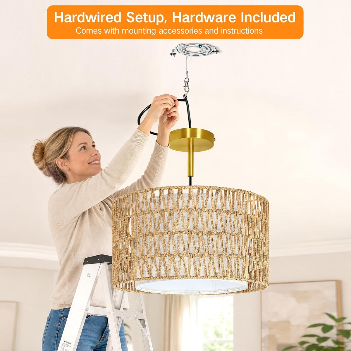 outon 17" boho rattan semi flush mount ceiling, front angle view