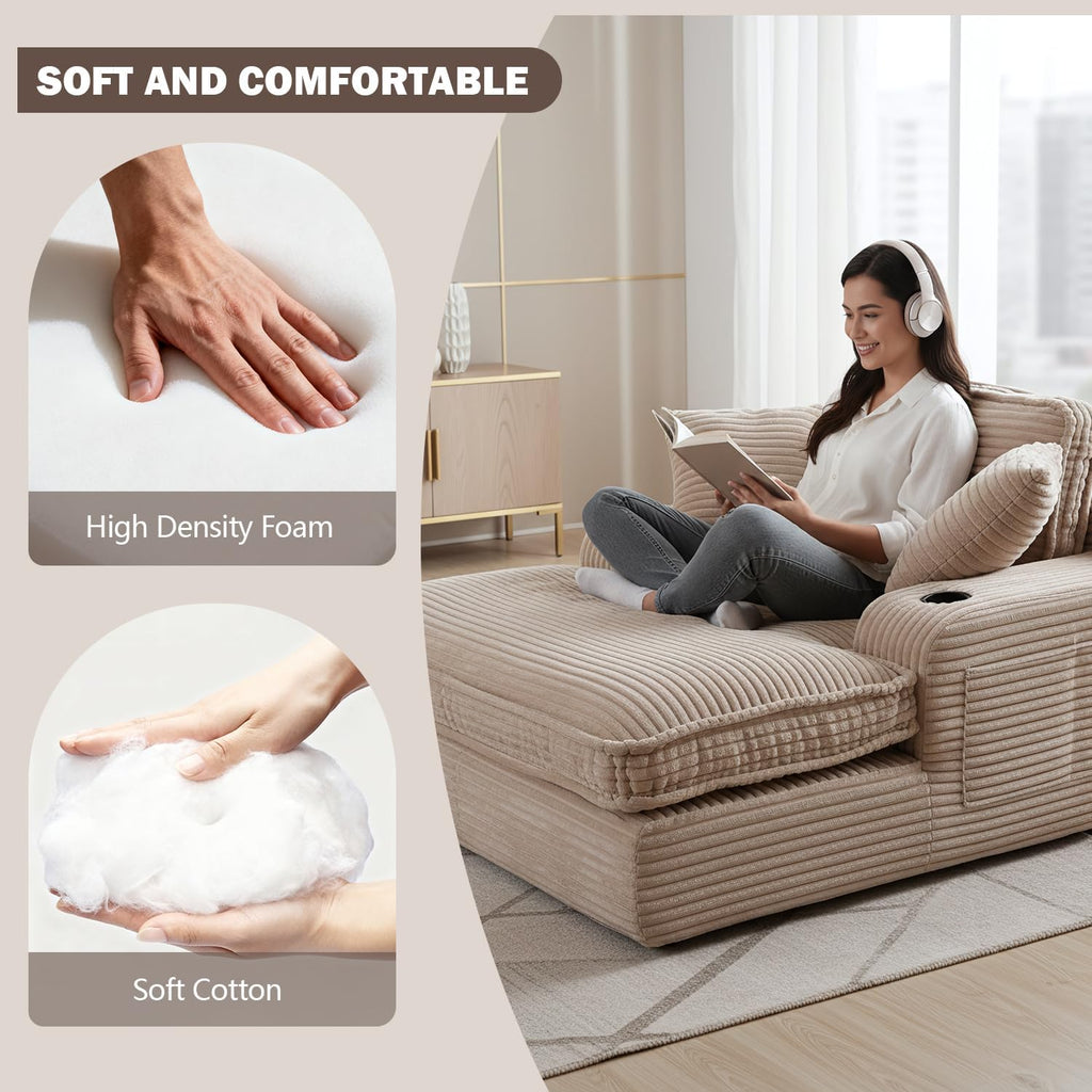 67" Oversized Chaise Lounge Chair Indoor, Soft Boneless Cloud Couch, Camel