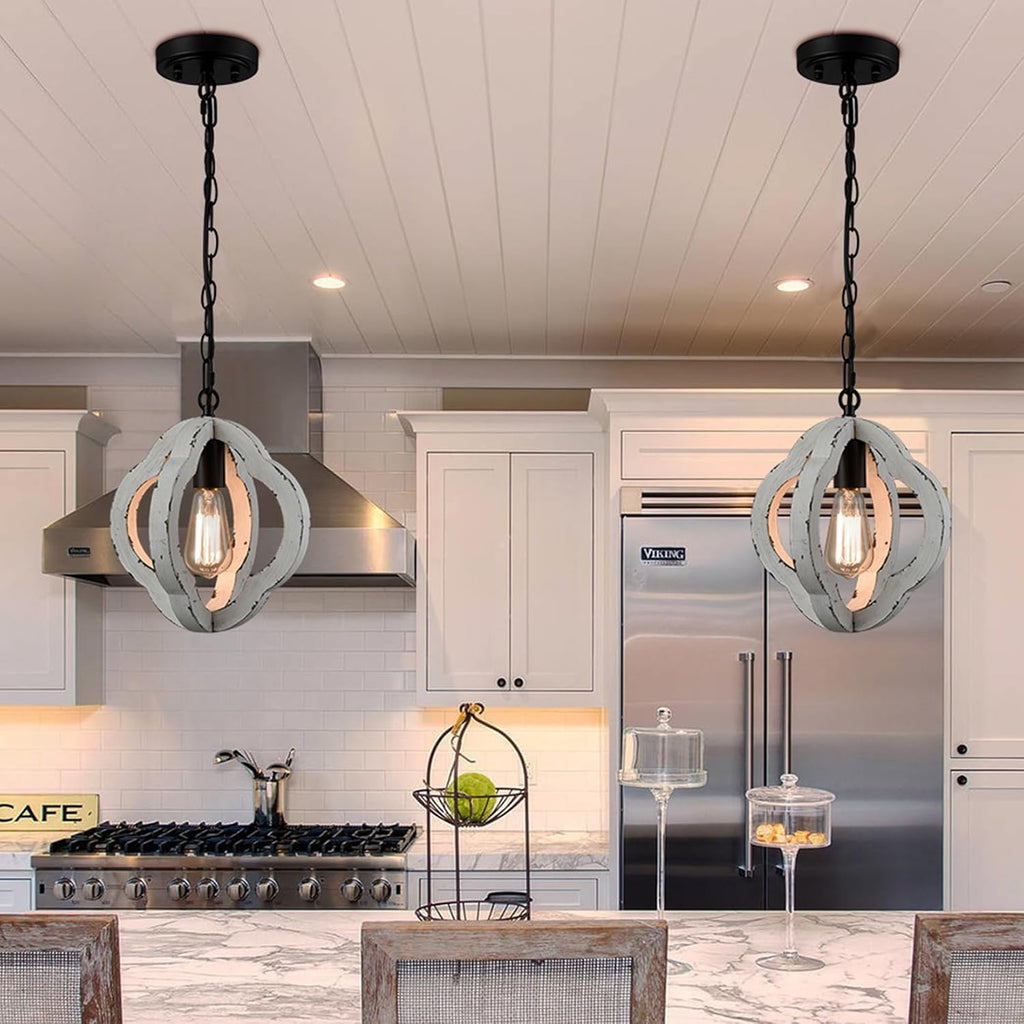 samteen farmhouse wood pendant light with adjustable chain shown in use